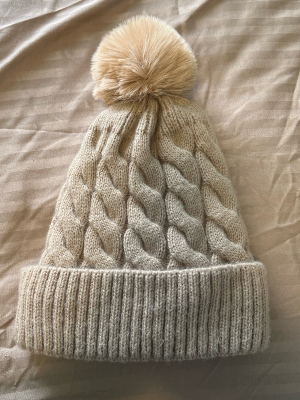 SHEIN Beige Cable Knit Pom Pom Beanie
